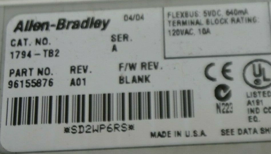 ALLEN-BRADLEY 1794-TB2 TERMINAL BASE / Ser. A, Rev. A01 / 120VAC / 10A1