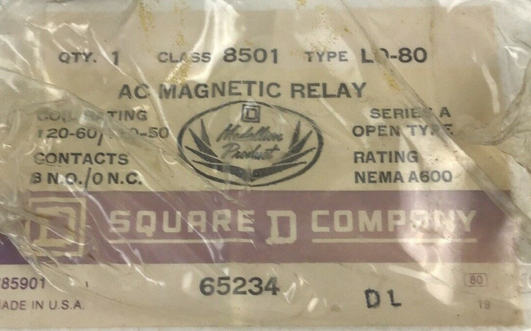 SQUARE D 8501 LO-80 AC MAGNETIC RELAY, COIL 120-60/110-50 SER.A NEMA A600 1