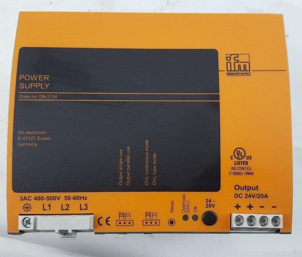 IFM DN2134 POWER SUPPLY 3AC 400-500V 1.7A/PHASE OUTPUT 24-28 VDC 600W 20A0