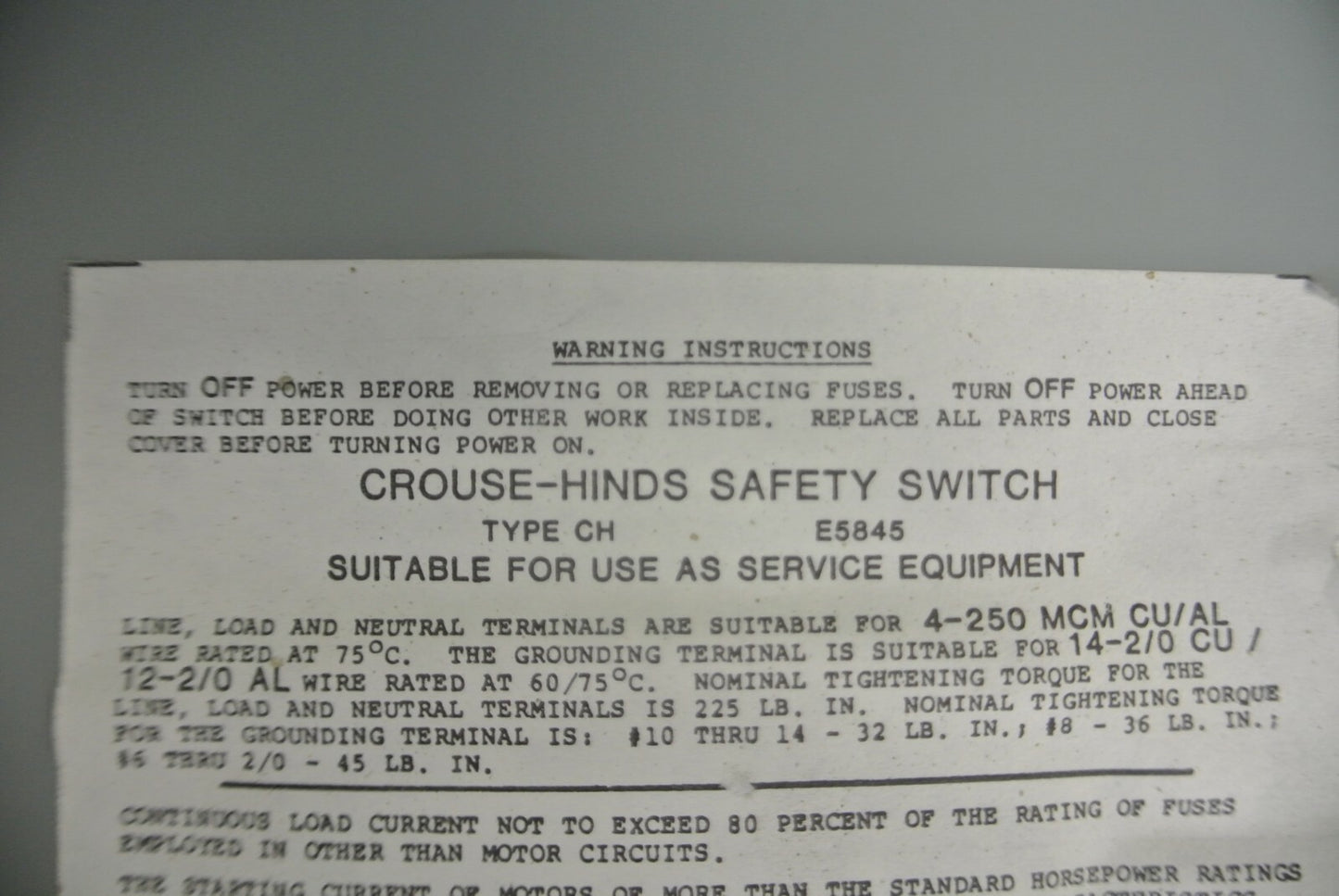 CROUSE-HINDS GH424N GENERAL DUTY FUSIBLE SAFETY SWITCH / 240V / 200A / 25HP6