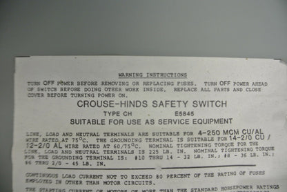 CROUSE-HINDS GH424N GENERAL DUTY FUSIBLE SAFETY SWITCH / 240V / 200A / 25HP6