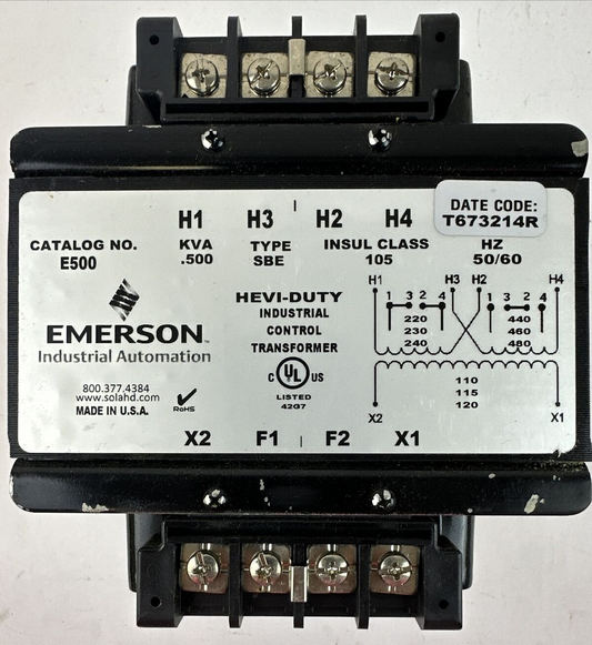 EMERSON E500 HEVI-DUTY INDUSTRIAL CONTROL TRANSFORMER 0.500KVA TYPE SBE 220/440V0