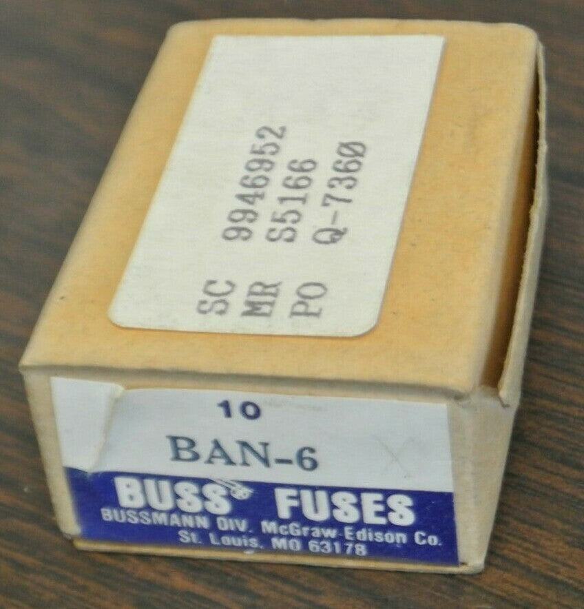 BOX of 10 / BUSS BAN-6 MIDGET FUSE / 6A / 250V / NEW SURPLUS / BAN62