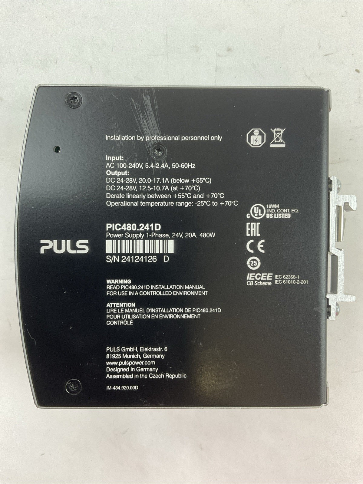 PULS PIC480.241D POWER SUPPLY OUTPUT 24-28VDC INPUT 100-240VAC 5.4-2.4A 50-60HZ1