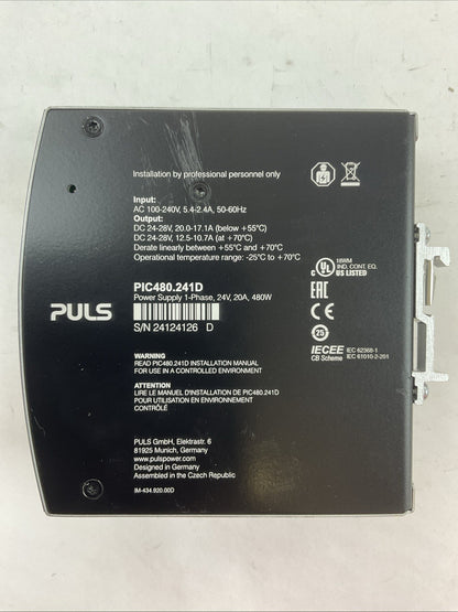 PULS PIC480.241D POWER SUPPLY OUTPUT 24-28VDC INPUT 100-240VAC 5.4-2.4A 50-60HZ1