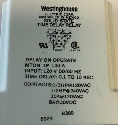 WESTINGHOUSE SOLID STATE TIME DELAY RELAY MTON1P120A 120V 50/60HZ 0.1 TO 10SEC1