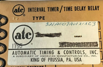 ATC 321A-007-A-01X1XC3 TIME DELAY RELAY TYPE 321A 115VOLTS 60CYC1