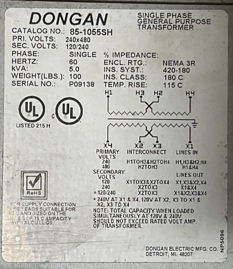 DONGON 85-1055SH 5.0kVA PRI VOLTS 240x480 SEC VOLTS 120x240 TRANSFORMER SINGLE1