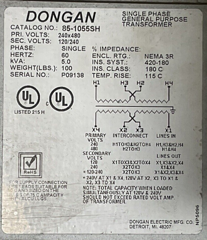 DONGON 85-1055SH 5.0kVA PRI VOLTS 240x480 SEC VOLTS 120x240 TRANSFORMER SINGLE1