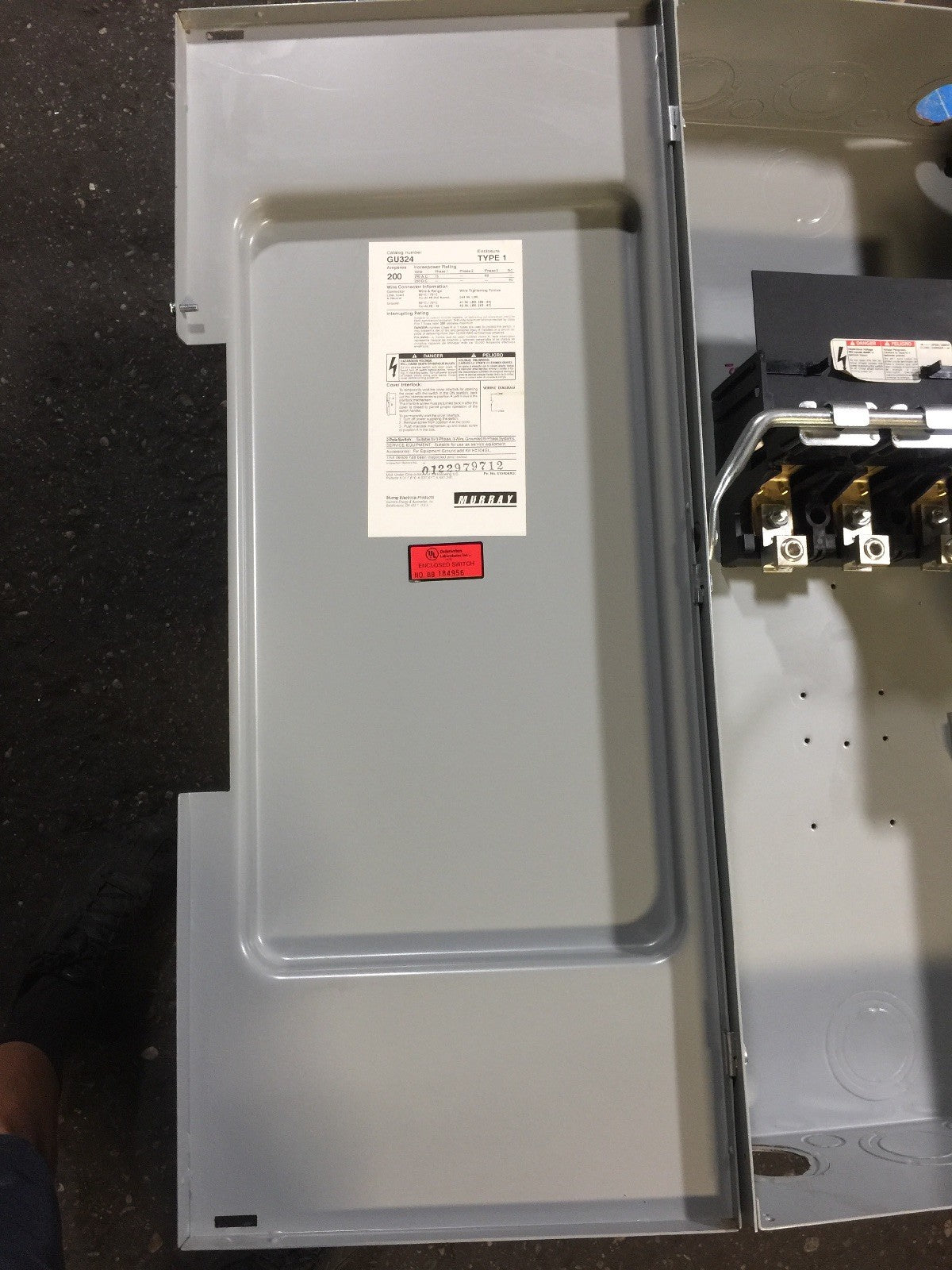 MURRAY GU324 SAFETY SWITCH 240 VAC 250 VDC 200 AMP 60 MAX HP 3 PHASE TYPE 15