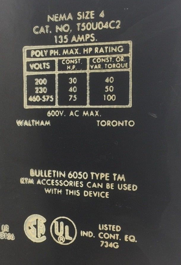 SYLVANIA T50U04C2 SIZE 4 STARTER 600VAC 135A TYPE TM1