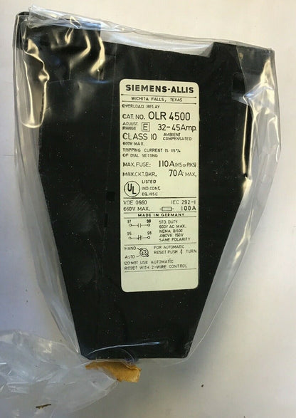 SIEMENS-ALLIS OLR 4500 OVERLOAD RELAY RANGE CODE E RANGE 32.0-45.0AMPS2