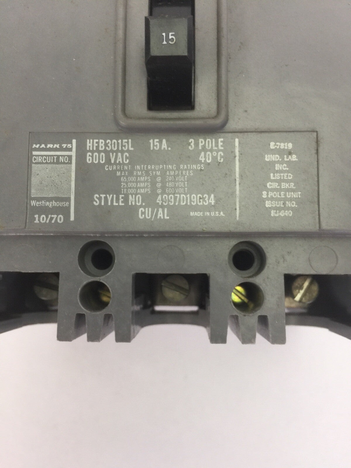 WESTINGHOUSE HFB3015L AB DE-ION CIRCUIT BREAKER 15A 600VAC 3POLE 4997D19G34 1
