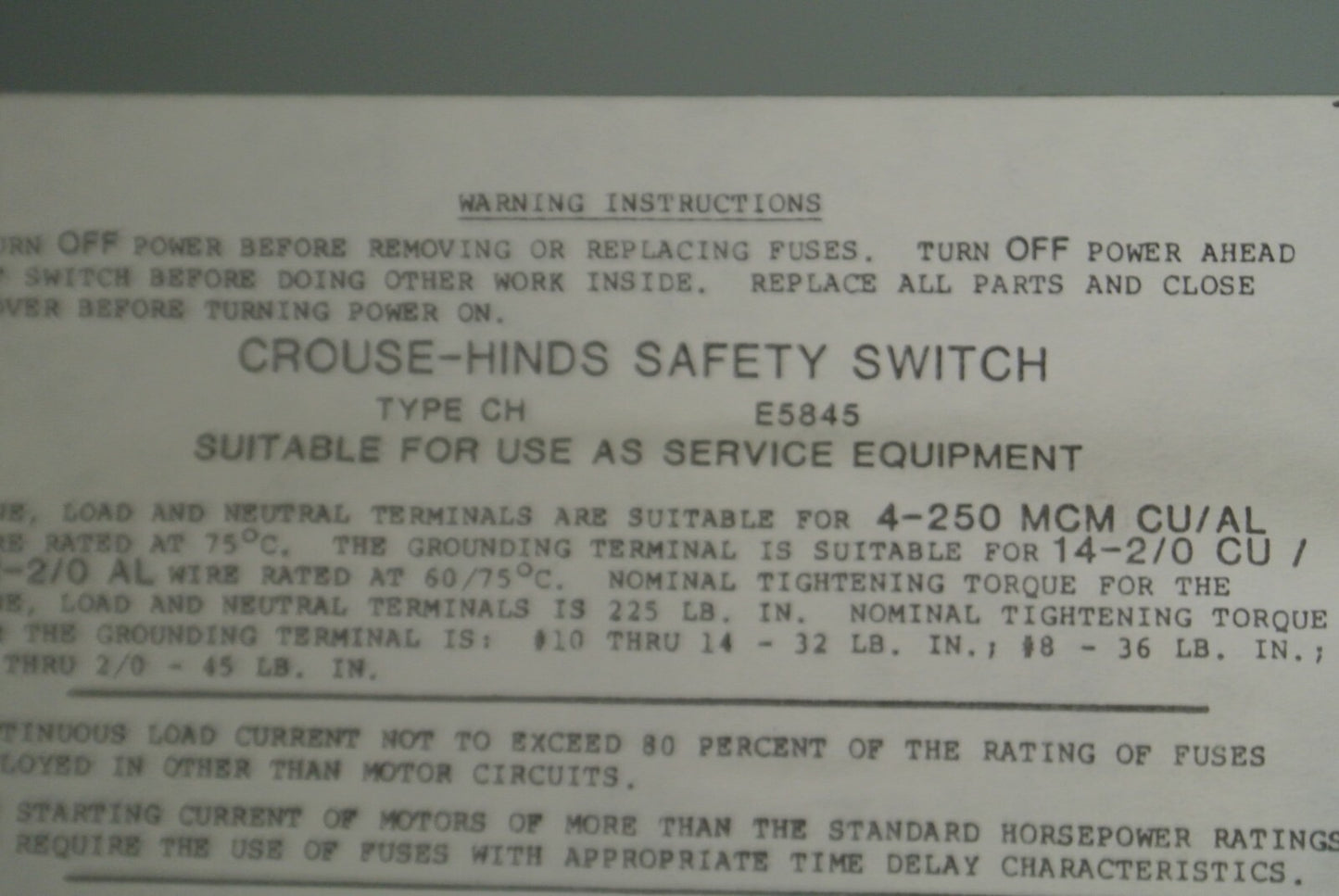 CROUSE-HINDS GH424N GENERAL DUTY FUSIBLE SAFETY SWITCH / 240V / 200A / 60HP MAX5