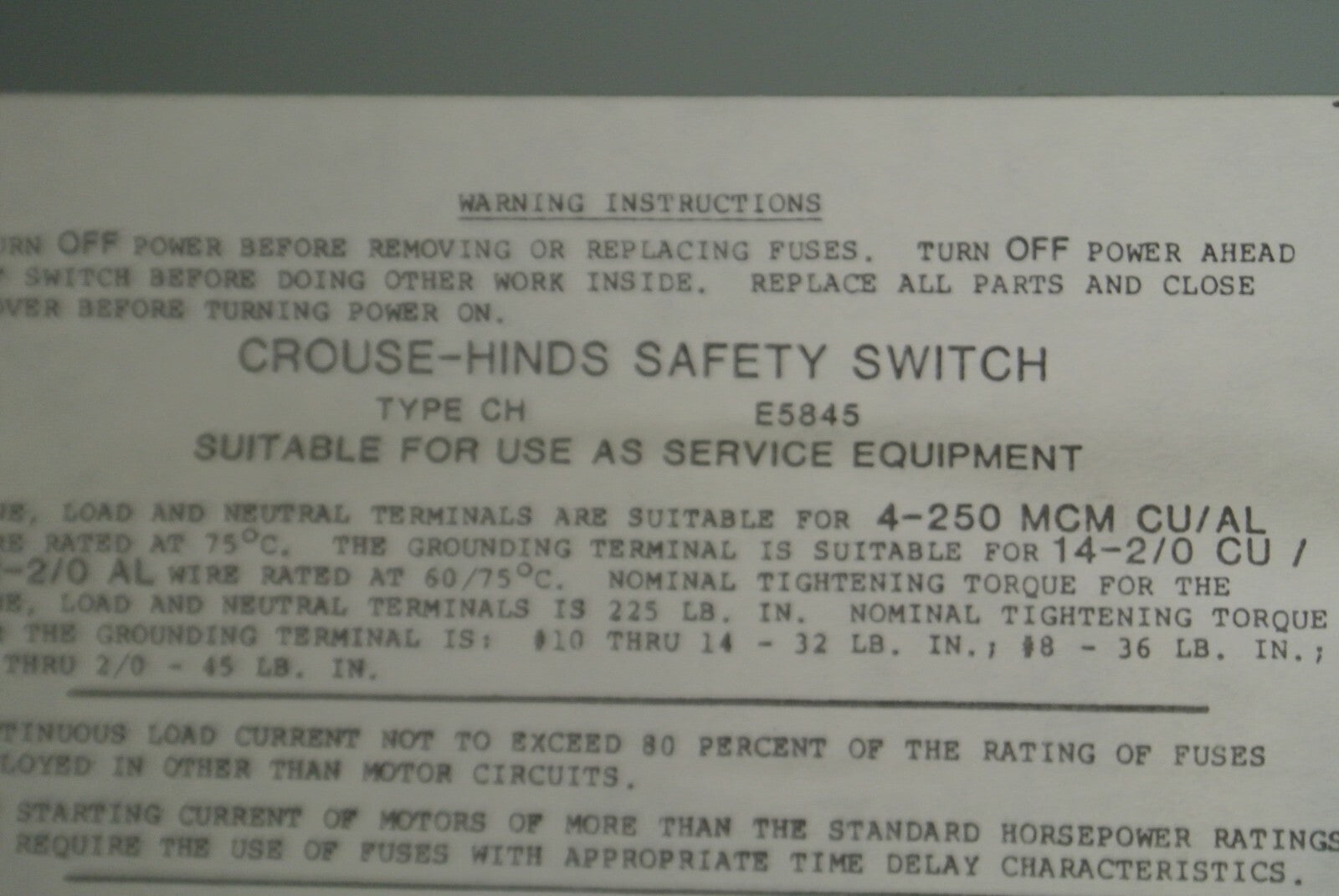 CROUSE-HINDS GH424N GENERAL DUTY FUSIBLE SAFETY SWITCH / 240V / 200A / 60HP MAX5