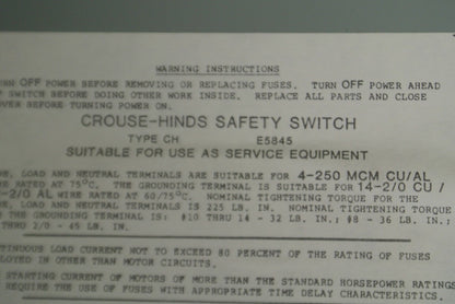 CROUSE-HINDS GH424N GENERAL DUTY FUSIBLE SAFETY SWITCH / 240V / 200A / 60HP MAX5