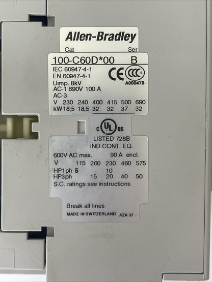 ALLEN BRADLEY 100-C60D*00 SER B CONTACTOR 600VAC 90A 50HP COIL 24VDC 100-F SER B1