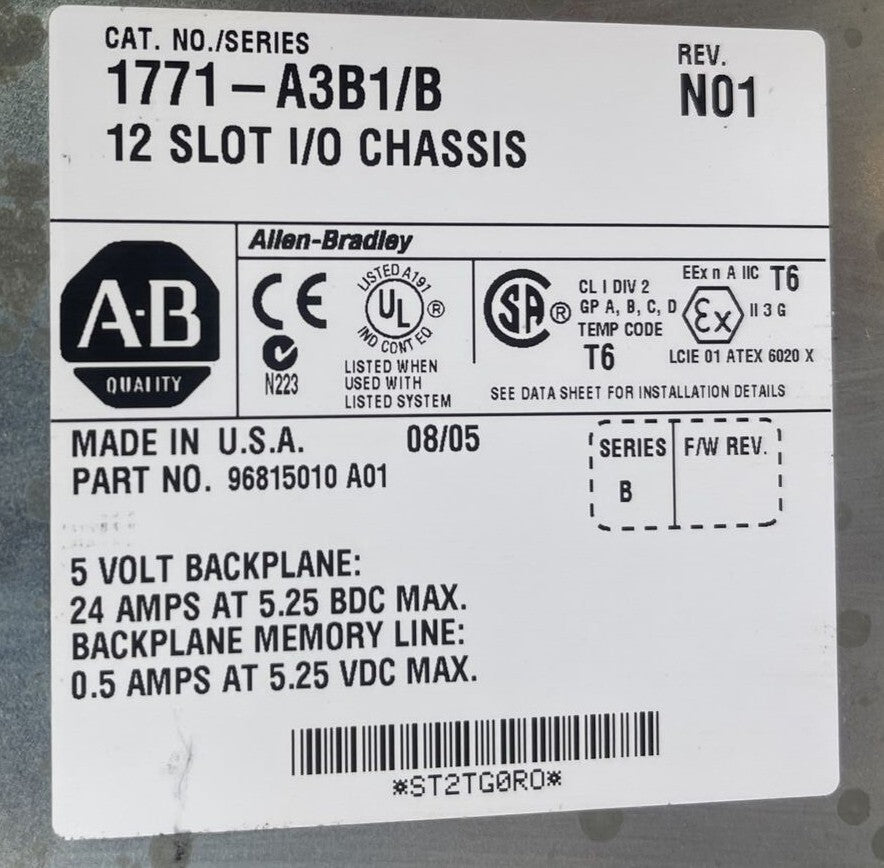 ALLEN BRADLEY 1771-A3B1 12 SLOT I/O CHASIS RACK SER B REV N01 5V BACKPLANE 24AMP1