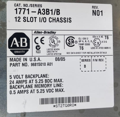 ALLEN BRADLEY 1771-A3B1 12 SLOT I/O CHASIS RACK SER B REV N01 5V BACKPLANE 24AMP1