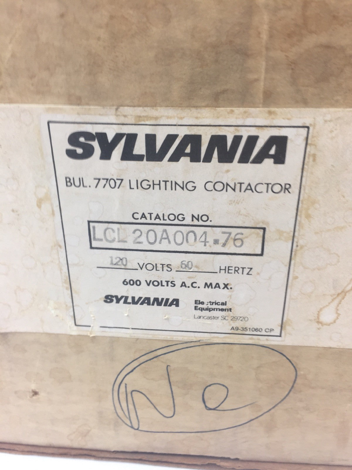 SYLVANIA LCL20A004-76 LIGHTING CONTACTOR 600VAC COIL 110-120V 60HZ 110V 50HZ1
