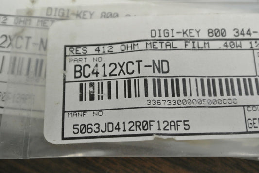 LOT of 31 / 5063JD412R0F12AF5 / BC 412XCT-ND RESISTORS 412 OHM, METAL FILM .40W0