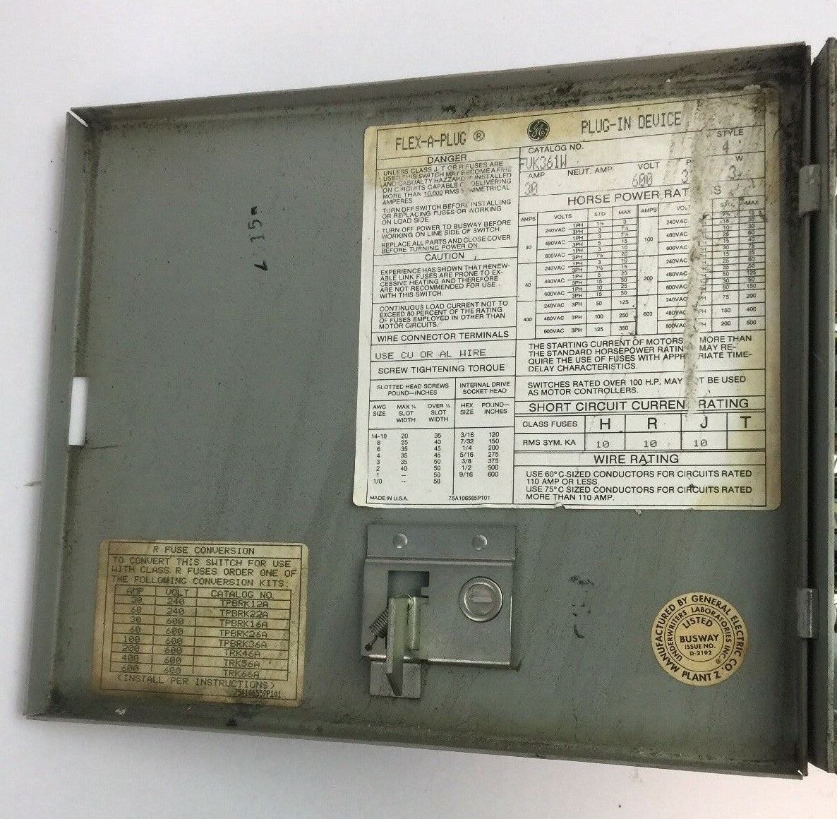 GE FVK361W FLEX-A-PLUG PLUG IN DEVICE BUS PLUG 600VAC 30AMP 20HP 3 PHASE 3 POLE5