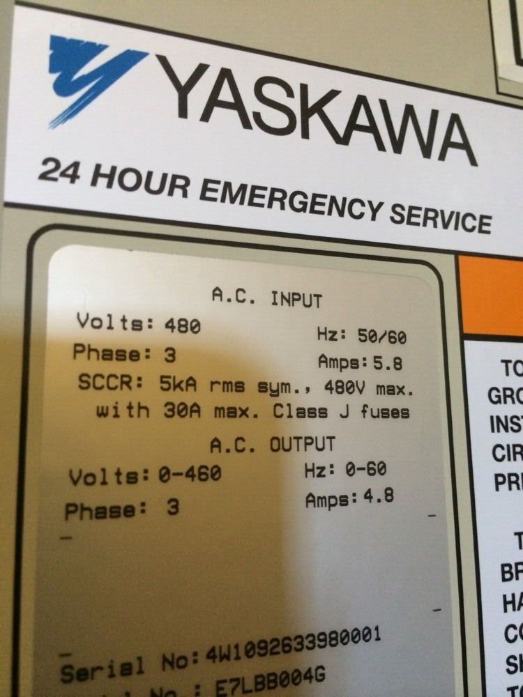 YASKAWA E7 E7LBB004G AC DRIVE INPUT 480VAC 5.8 AMP 3PH OUTPUT 0-460VAC 4.8A 3PH1
