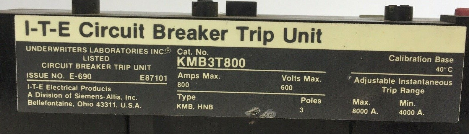 ITE KMB3T800 CIRCUIT BREAKER TRIP UNIT 800AMP 3P 600V ADJ INST TRIP 4000-8000A1
