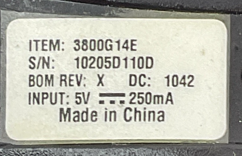 HONEYWELL 3800G14E BAR CODE SCANNER 5VDC 250mA CBL-500-300-S00 HSM 5V USB TYPE A2