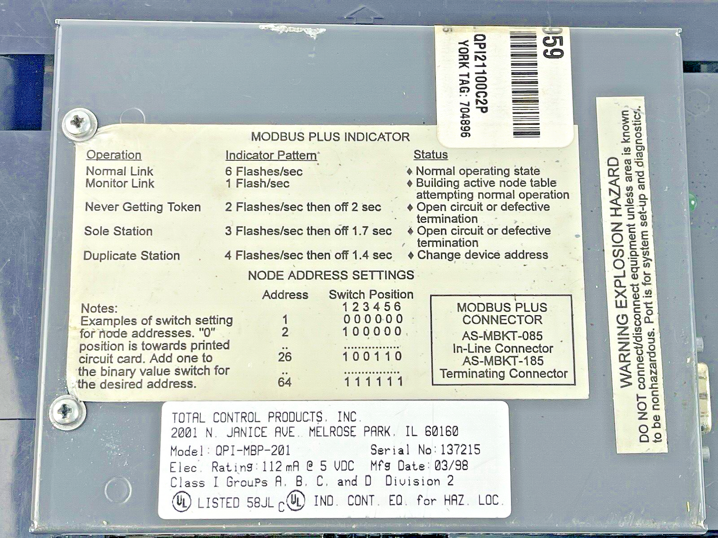 QUICKPANEL - 2780027-02 - TOTAL CONTROL - QPI-MBP-201 - MODBUS PLUS INDICATOR7