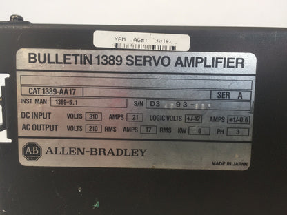 ALLEN BRADLEY 1389-AA17 SERVO AMPLIFIER SER A INPUT 310VDC 21A OUTPUT 210VAC 17A1