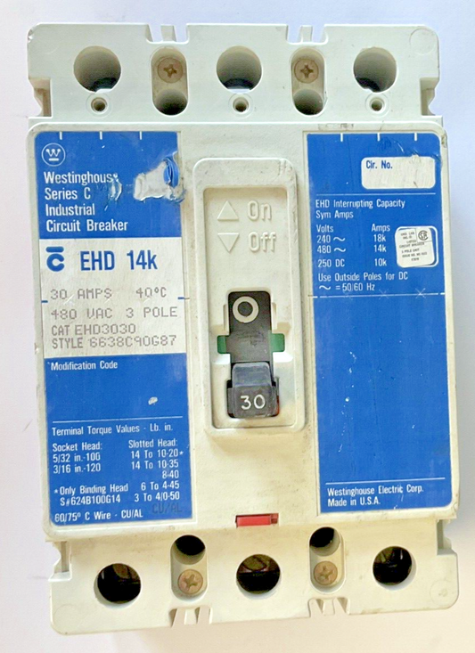 WESTINGHOUSE EHD3030 CIRCUIT BREAKER EHD 14K 3POLE 30A 480VAC SER.C0