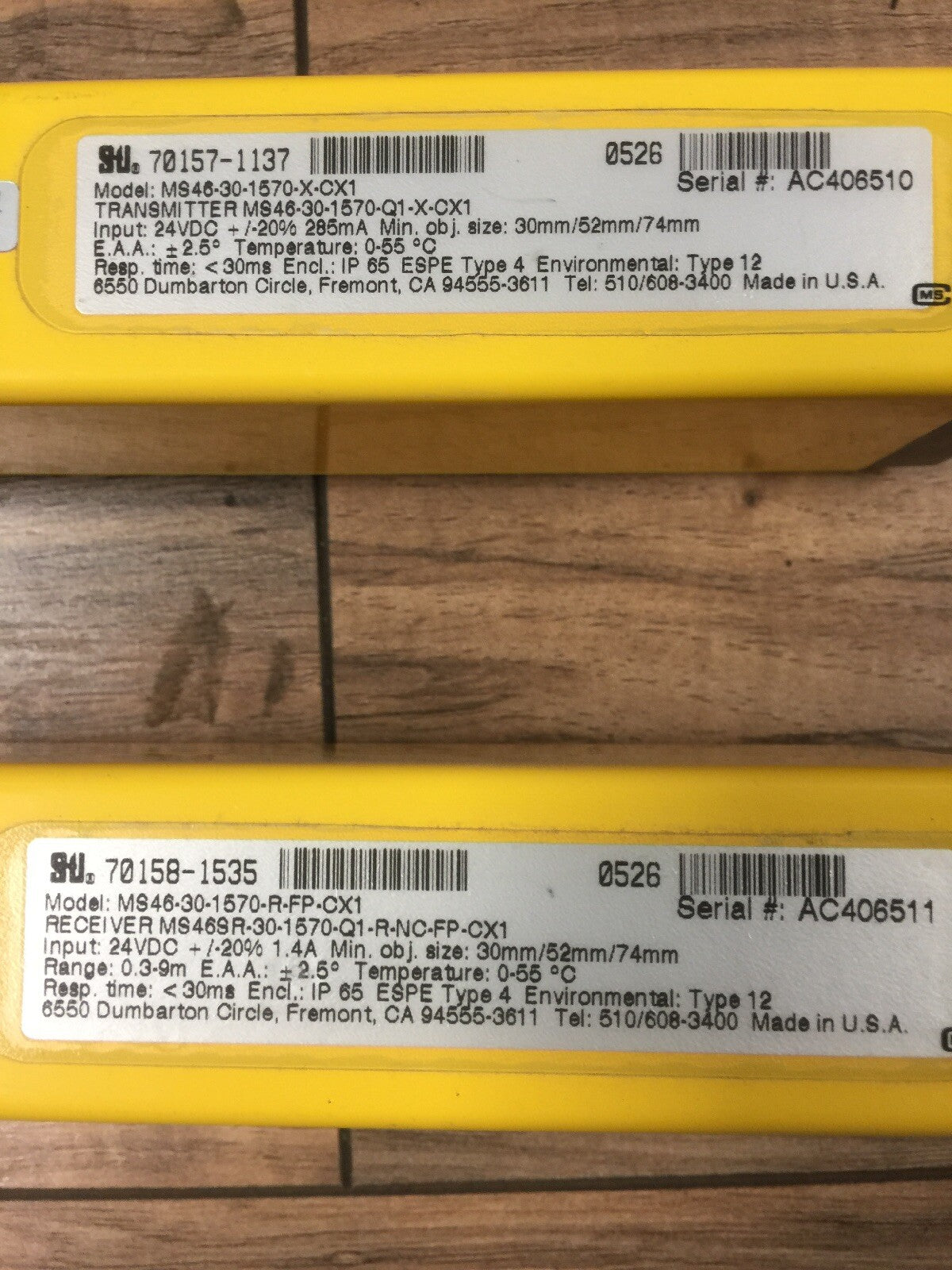 STI LIGHT CURTAIN SET 70158-1535 RECEIVER 70157-1137 TRANSMITTER 24VDC 1