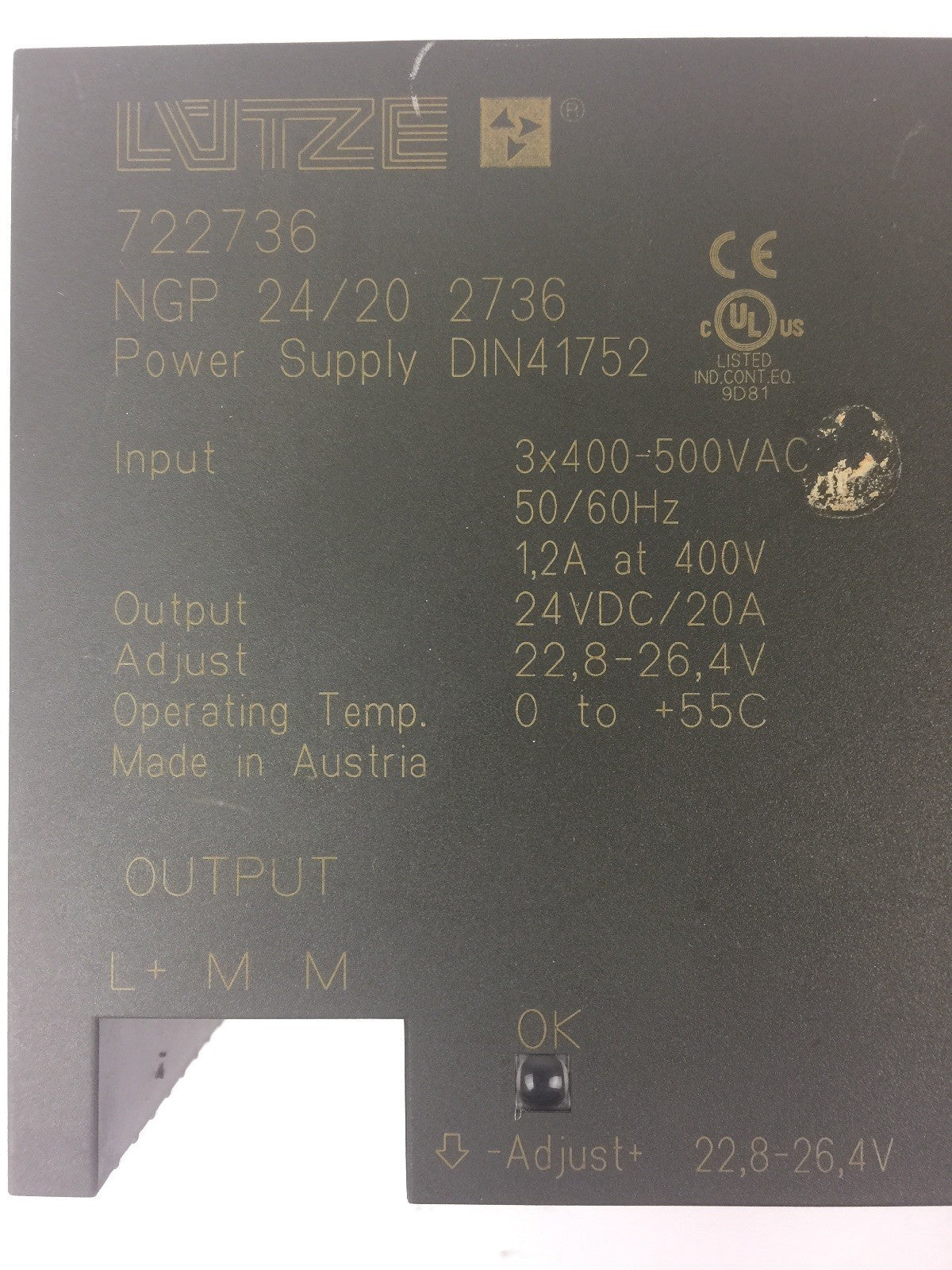 LUTZE 722736 NGP 24/20 2736 POWER SUPPLY 3X400-500VAC 50/60HZ 24VDC/20A1