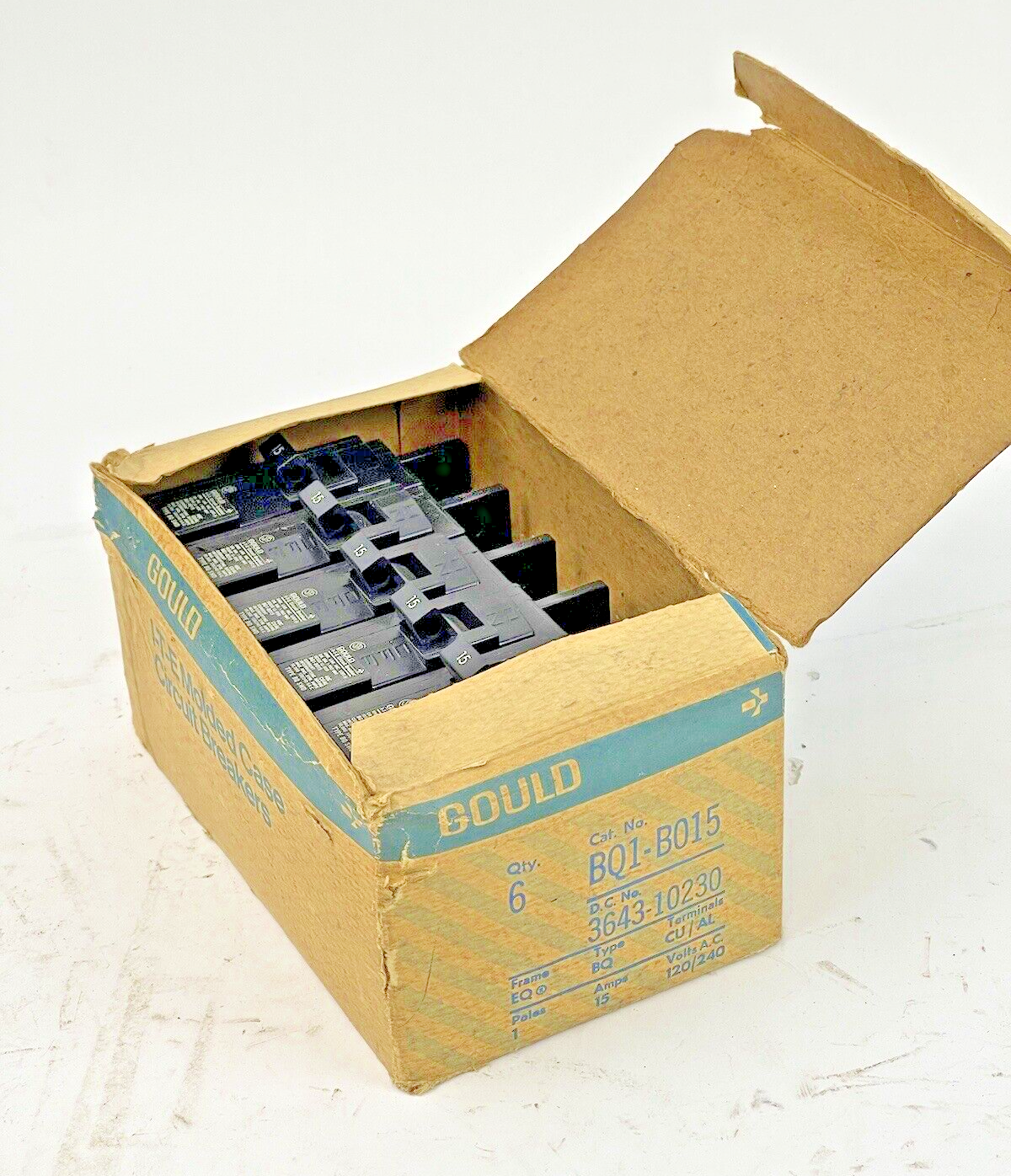 GOULD **BOX OF 6** - BQ1-B015 - BOLT-ON CIRCUIT BREAKERS -15A/1POLE/240VAC - NEW0