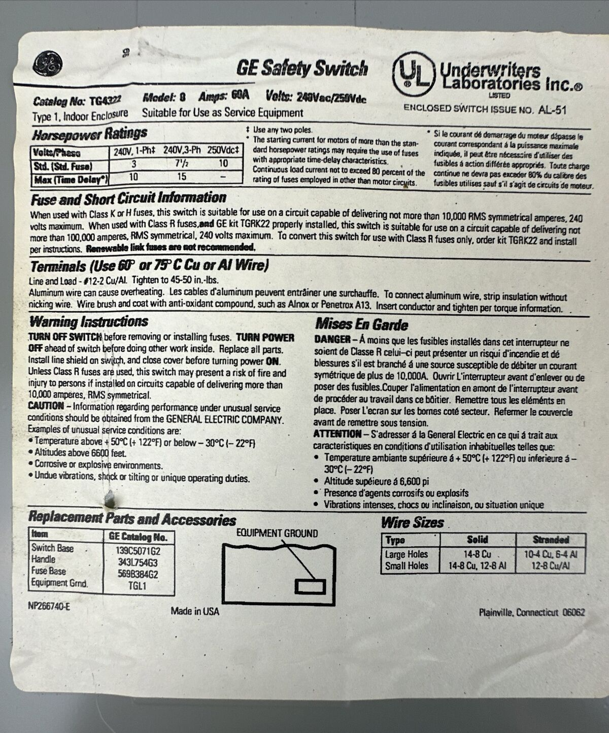 GE TG4322 FUSIBLE SAFETY SWITCH MOD 8 60A 240VAC 3PH 15HP 250VDC 10HP 3P TYPE 15