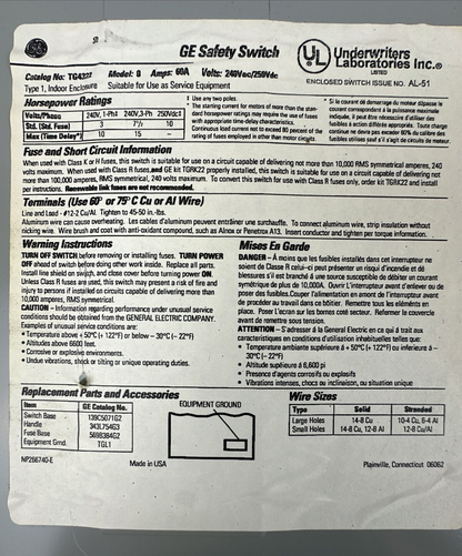 GE TG4322 FUSIBLE SAFETY SWITCH MOD 8 60A 240VAC 3PH 15HP 250VDC 10HP 3P TYPE 15