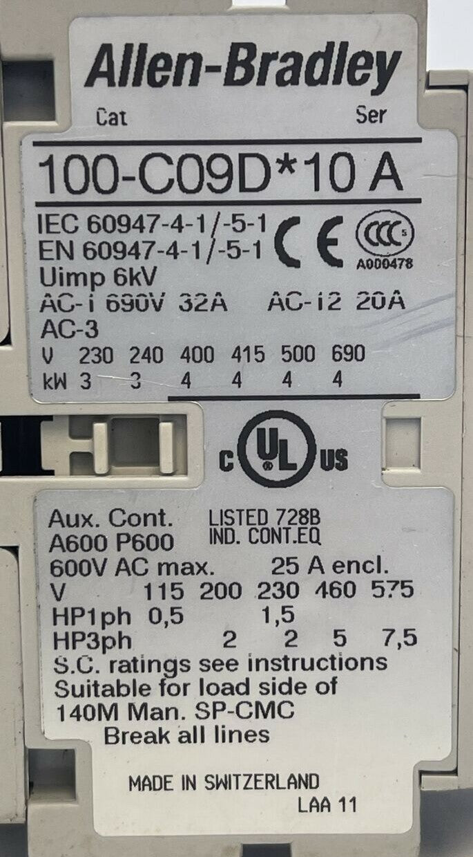 ALLEN BRADLEY 100-C09D*10 SER A CONTACTOR 600VAC 25A 7.5HP 3PH 100-F SER B 10A1