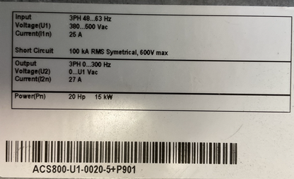 ABB ACS800-U1-0020-5+P901 AC DRIVE 20HP 15kW OUTPUT 3PH 0...300HZ 0...U1 VAC1