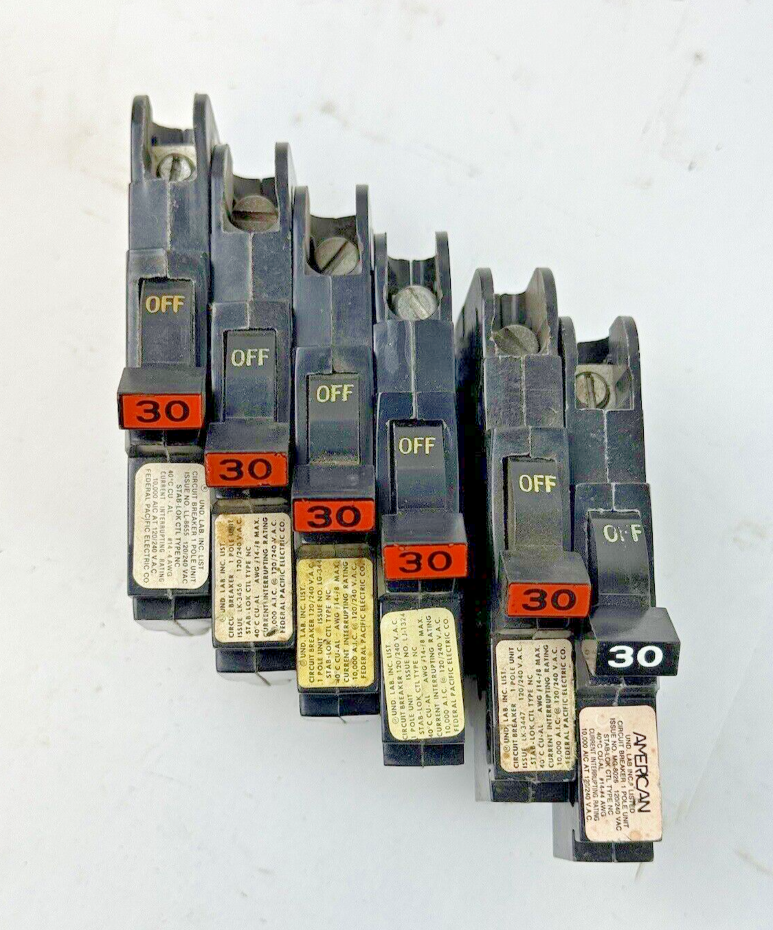 FPE *LOT OF 6* - 030 / NC130 - STAB-LOK BREAKERS - 1 POLE/240VAC/30A - NEW***2