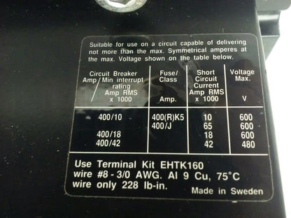 ABB EH160 CONTACTOR, 3PH, 3P BREAKING, 600V, 50-150H.P., 190A, CHIP PLASTIC9