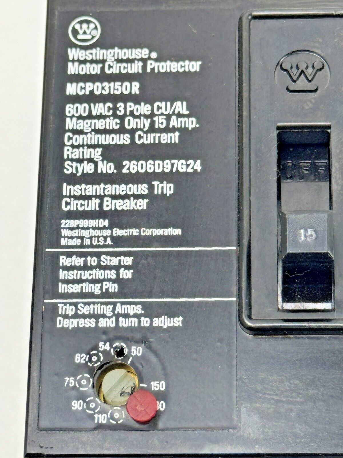 WESTINGHOUSE - MCP03150R - MOTOR CIRCUIT PROTECTOR - 3 POLE/ 15 A/ 600 VAC2