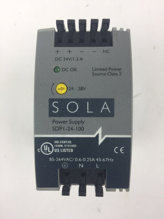 SOLA SDP 1-24-100 POWER SUPPLY 24VDC/1.3A 85-264VAC/0.6-0.25A 43-67HZ0