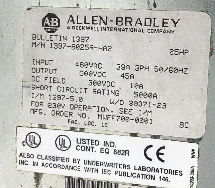 ALLEN BRADLEY 1397-B025R-HA2 DC DRIVE 25HP 3PH 460VAC/500VDC 45A 50/60HZ5