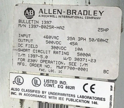 ALLEN BRADLEY 1397-B025R-HA2 DC DRIVE 25HP 3PH 460VAC/500VDC 45A 50/60HZ5