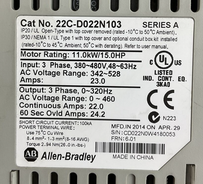 ALLEN BRADLEY 22C-D022N103 AC DRIVE SER A FRN 6.01 OUTPUT 0-460VAC1