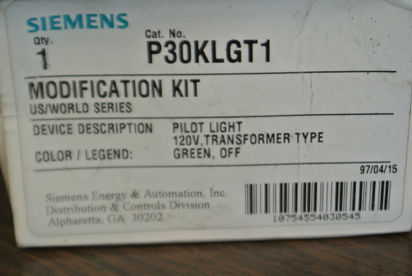 SIEMENS P30KLGT1 / PILOT LIGHT TRANSFORMER TYPE / 120V GREEN "OFF" NEW SURPLUS1