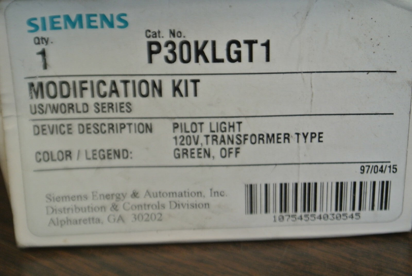 SIEMENS P30KLGT1 / PILOT LIGHT TRANSFORMER TYPE / 120V GREEN "OFF" NEW SURPLUS1