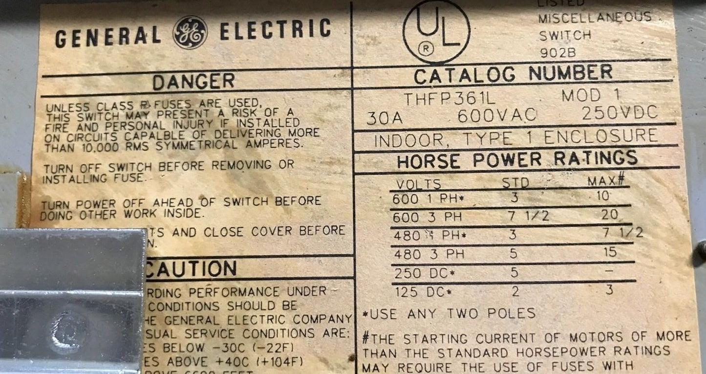GE General Electric THFP361L 30A, 600VAC TYPE QMR TWIN PANELBOARD SWITCH5