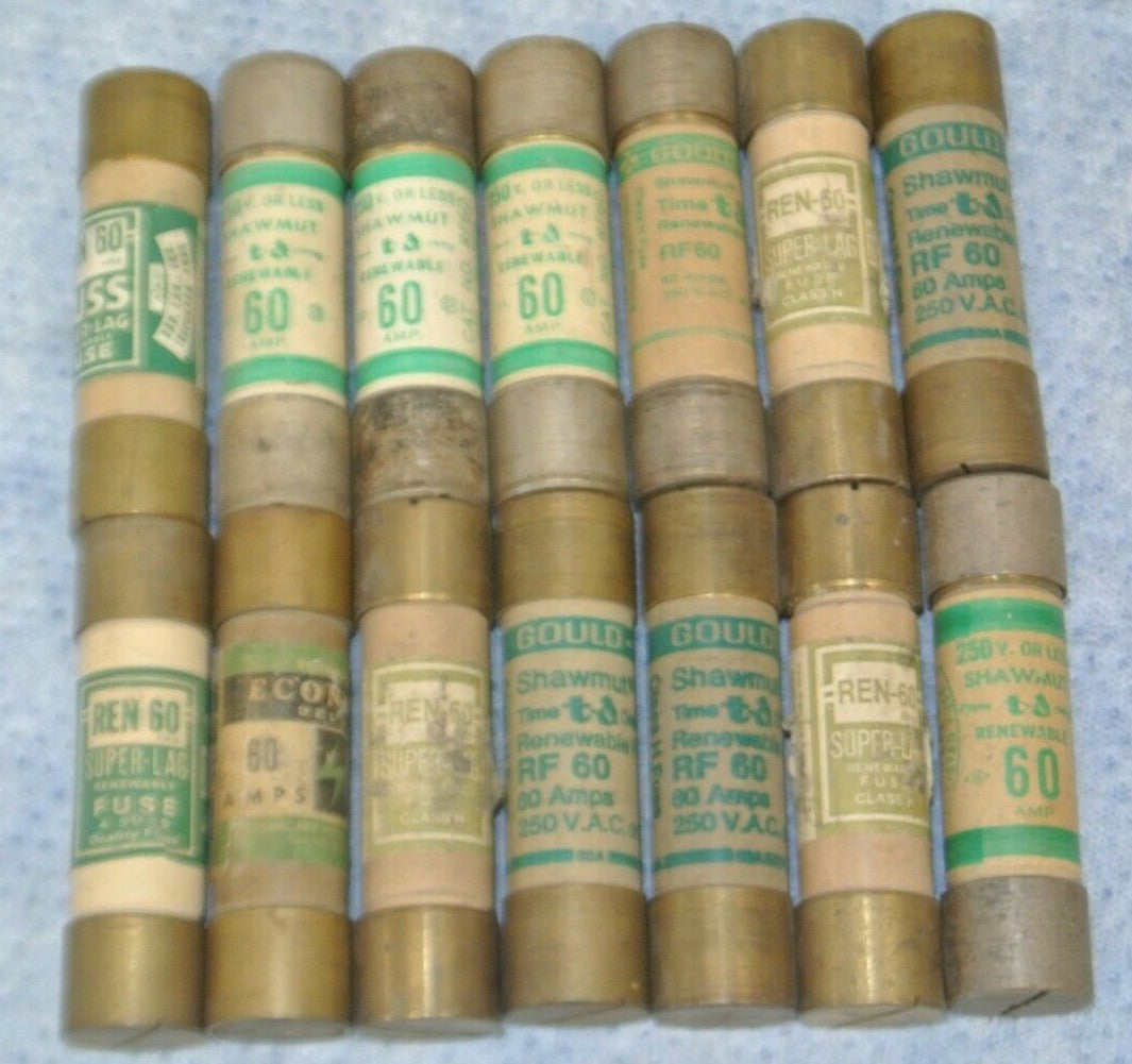 MIXED LOT of 14 RENEWABLE FUSES / 60A / 250V / GOULD-SHAWMUT, BUSSMANN, ECONOMY 0